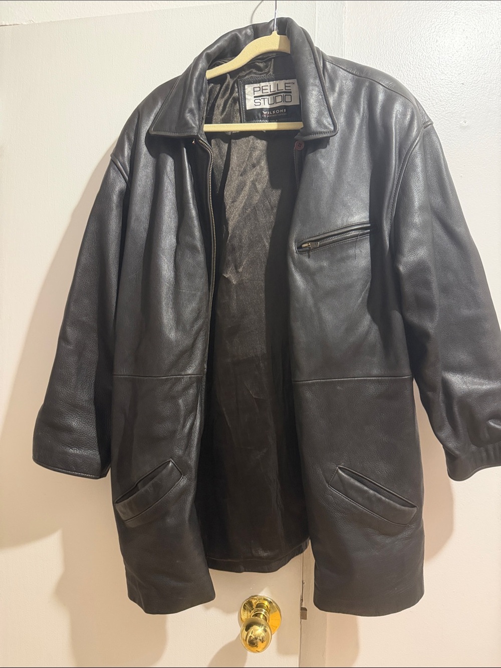 Pelle Studio Black Leather Pea Coat with Zip Chest Pocket. Belt is missing